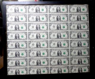 Uncut Sheet Of 32 - $1 One Dollar Bills - U.  S.  Paper Currency Notes Series 1981