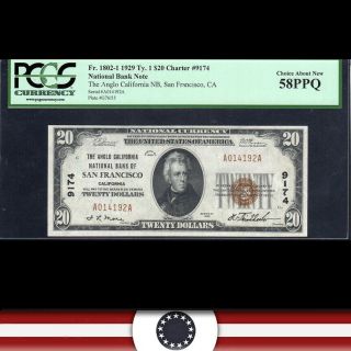 1929 $20 San Francisco National Bank Note Pcgs 58 Ppq A014192a