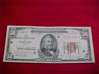 1224) 1929 $50.  00 Cleveland Ohio National Bank Note - Starts At $100.  00/obo