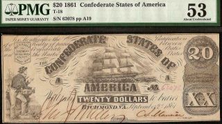 1861 $20 Dollar Confederate States Currency Civil War Note Money T - 18 Pmg 53