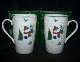 Set Of 2 Mikasa English Countryside Winter Scene Cappuccino Coffee Mugs In Boxes