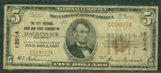 $5 National Bank Note First City Nb Hackensack Jersey 1929,  Fr.  1800 - 1 Fine