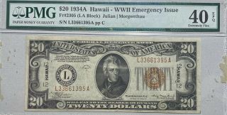1934 A $20 Hawaii Wwii Emergency Issue Note Pmg Xf 40 Epq Fr 2305