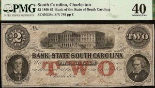 1861 $2 Two Dollar South Carolina Bank Note Large Currency Paper Money Pmg 40