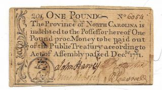 1771 The Province Of North Carolina - One Pound Note No.  6054