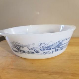 Currier And Ives Milk Glass Blue Wagon Train Casserole Dish With Handles 8.  5”