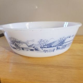 Currier And Ives Milk Glass Blue Wagon Train Casserole Dish With Handles 8.  5” 3