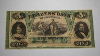 $5 1857 Orleans Louisiana La Obsolete Currency Bank Note Bill Citizens Au