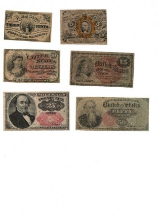 6 - Piece 1863 U.  S.  Fractional Currency Set - 3,  5,  10,  15,  25,  & 50 Cents