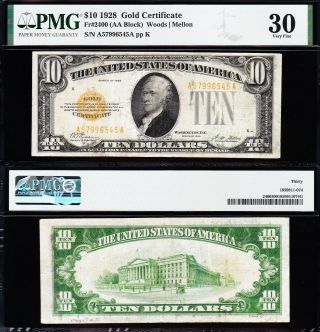 Awesome Crisp Choice Vf,  1928 $10 Gold Certificate Pmg 30 96545a