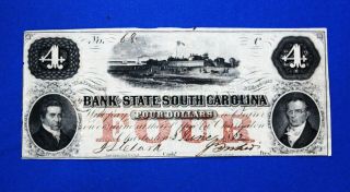 1862 $4 Bank Of The State Of South Carolina Obsolete Note Cancelled High G No.  68