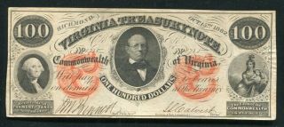 1862 $100 Virginia Treasury Note Richmond,  Va Obsolete Currency Note