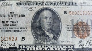 Series 1929 Federal Reserve Bank Of York $100 Banknote C62