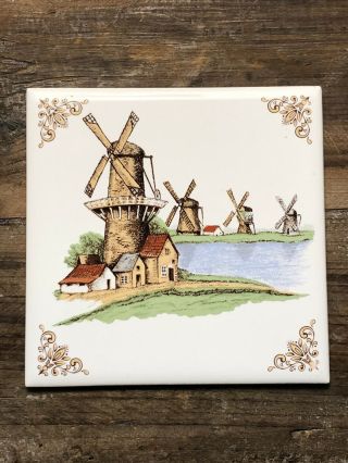 Villeroy And Boch 4 " Tile Trivet Dutch Scene Windmills Made In France