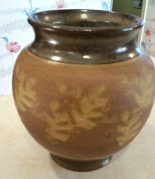 Studio Pottery Vase/planter - Brown W/leaf Design