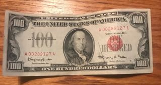 1966 $100 Red Seal Legal Tender Note,  Vf Details 2