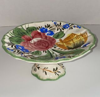 Vintage Italian Ceramic Handpainted Pedastal Bowl With Flowers And Accents 161