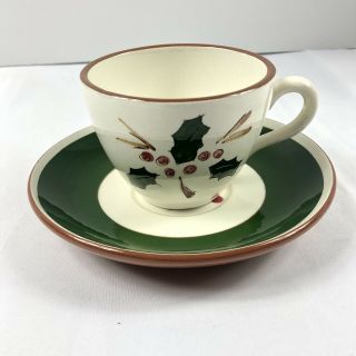 Vintage Stangl Holly Berry Cup And Saucer Christmas Red Green