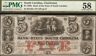 1860 $5 Dollar Bill South Carolina Bank Note Large Currency Paper Money Pmg 58