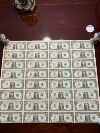 Uncut Sheet Of 32 - $1 One Dollar Bills - U.  S.  Paper Currency Notes Series 1988
