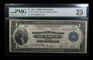 1918 $1 Federal Reserve Bank Note Richmond Fr.  722 Pmg Vf25