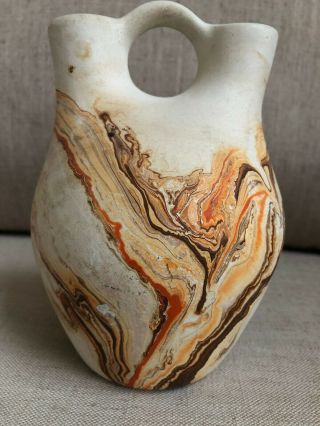 Vintage Nemadji Pottery Usa Wedding Vase Double Spout Swirled Brown Orange