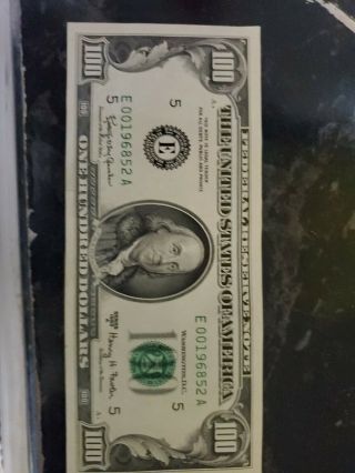 1963 A $100 Hundred Dollar Bill Note Low Serial E00196852a