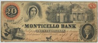 1860 Monticello Bank $20 Note Vg Charlottesville,  Virginia Currency Paper Money