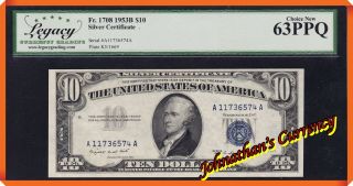 Jc&c - Fr.  1708 Series 1953b $10 Silver Certificate - Choice 63 Ppq By Legacy