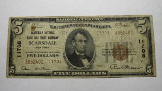 $5 1929 Scarsdale York Ny National Currency Bank Note Bill Ch.  11708 Fine