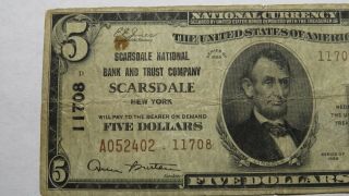 $5 1929 Scarsdale York NY National Currency Bank Note Bill Ch.  11708 FINE 2