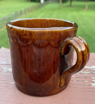 Antique Handmade Brown Glaze Stoneware Cup Mug Scalloped Edge Primitive