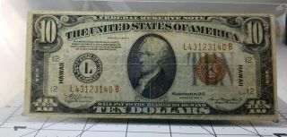 1934 A Frn Hawaii 10 Dollar Note.