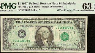 Unc 1977 $1 Dollar Bill Full Offset Printing Error Note Paper Money Pmg 63 Epq