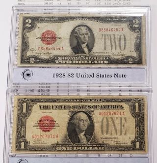 Scarce Bold Mid - Grade 1928 $1 Red Seal Us Note & 1928 $2 Red Seal Us Note Set