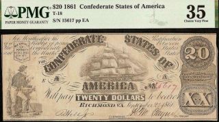 1861 $20 Dollar Confederate States Currency Civil War Note Paper Money T - 18 Pmg