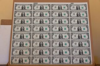 2 Consecutive 1981 " B " $1 One Dollar Bill Us Currency Sheets - 32 Notes Uncut