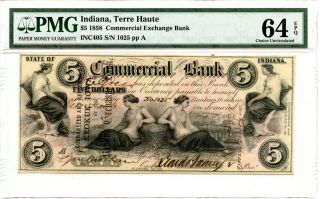 1858 Terre Haute,  Indiana $5 Commercial Exchange Bank Pmg 64.  Epq