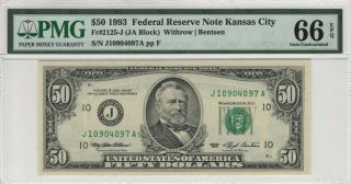 1993 $50 Federal Reserve Note Kansas City Fr.  2125 - J Pmg Gem Unc 66 Epq (097)