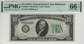 1934 D $10 Federal Reserve Note Richmond Fr.  2009 - E Pmg Gem Unc 66 Epq (006b)