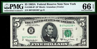 1963a 1968 - B $5 York Federal Reserve Star Note Frn Pmg 66epq Only 2 Finer