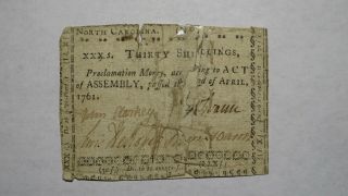 1761 Thirty Shillings North Carolina Nc Colonial Currency Note Bill 30s April 23