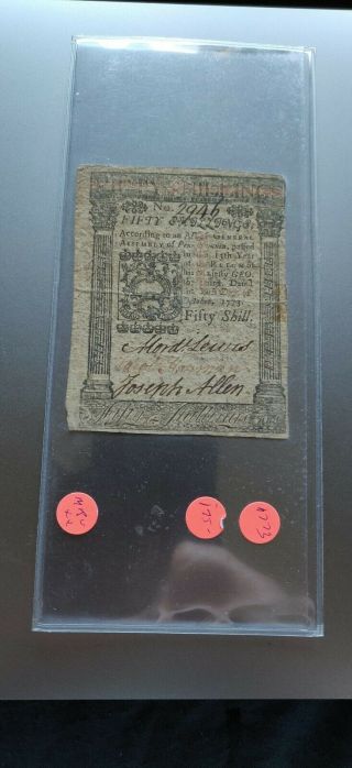 October 1,  1773 50 Shillings Pennsylvania Colonial Note 2