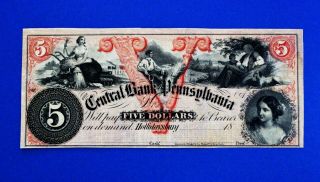 1859 $5 The Central Bank Of Pennsylvania,  Hollidaysburg Obsolete Bank Note Beauty