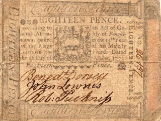 1773 Pennsylvania 18 Pence Continental Colonial Currency