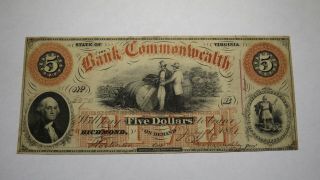 $5 1861 Richmond Virginia Va Obsolete Currency Bank Note Bill Commonwealth Vf,