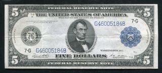 Fr.  870 1914 $5 Five Dollars Frn Federal Reserve Note Chicago,  Il Very Fine,