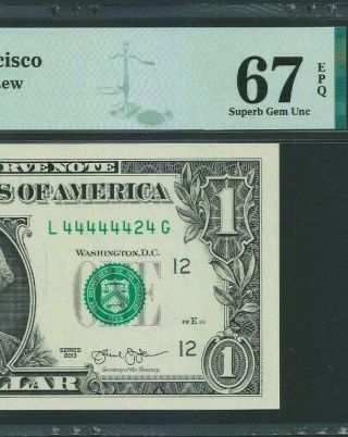 Fancy Binary Serial Number 2013 Us $1 San Francisco Federal Reserve Note Pmg 67