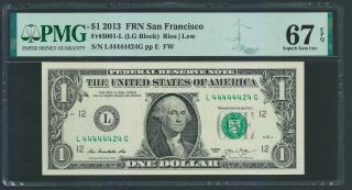 FANCY BINARY SERIAL NUMBER 2013 US $1 SAN FRANCISCO Federal Reserve Note PMG 67 2