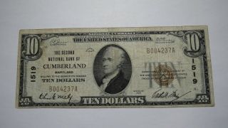 $10 1929 Cumberland Maryland Md National Currency Bank Note Bill Ch.  1519 Vf